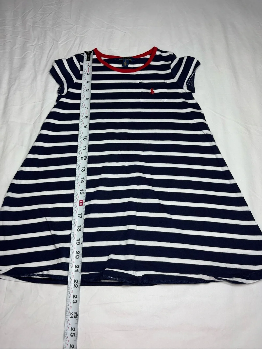 Ralph Lauren Navy and White Striped Knit Tee Dress with Red Trim
